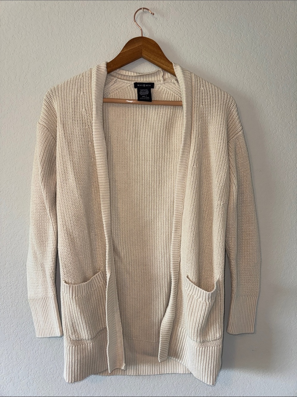 Medium Max and Mia 100% Cotton Open-Front Cream Knit Cardigan with Front Pockets